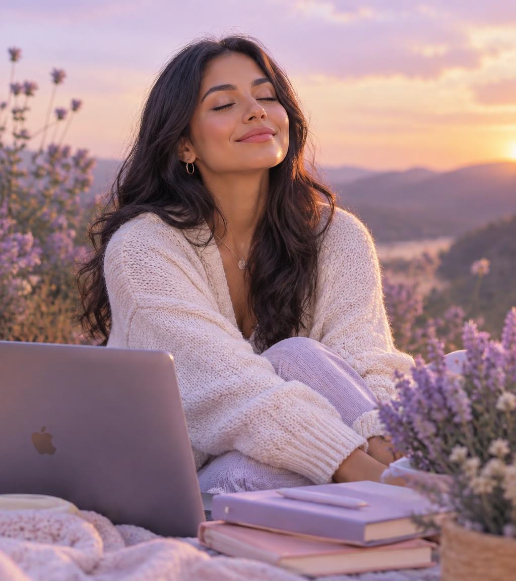 Mujer en calma rodeada de lavanda